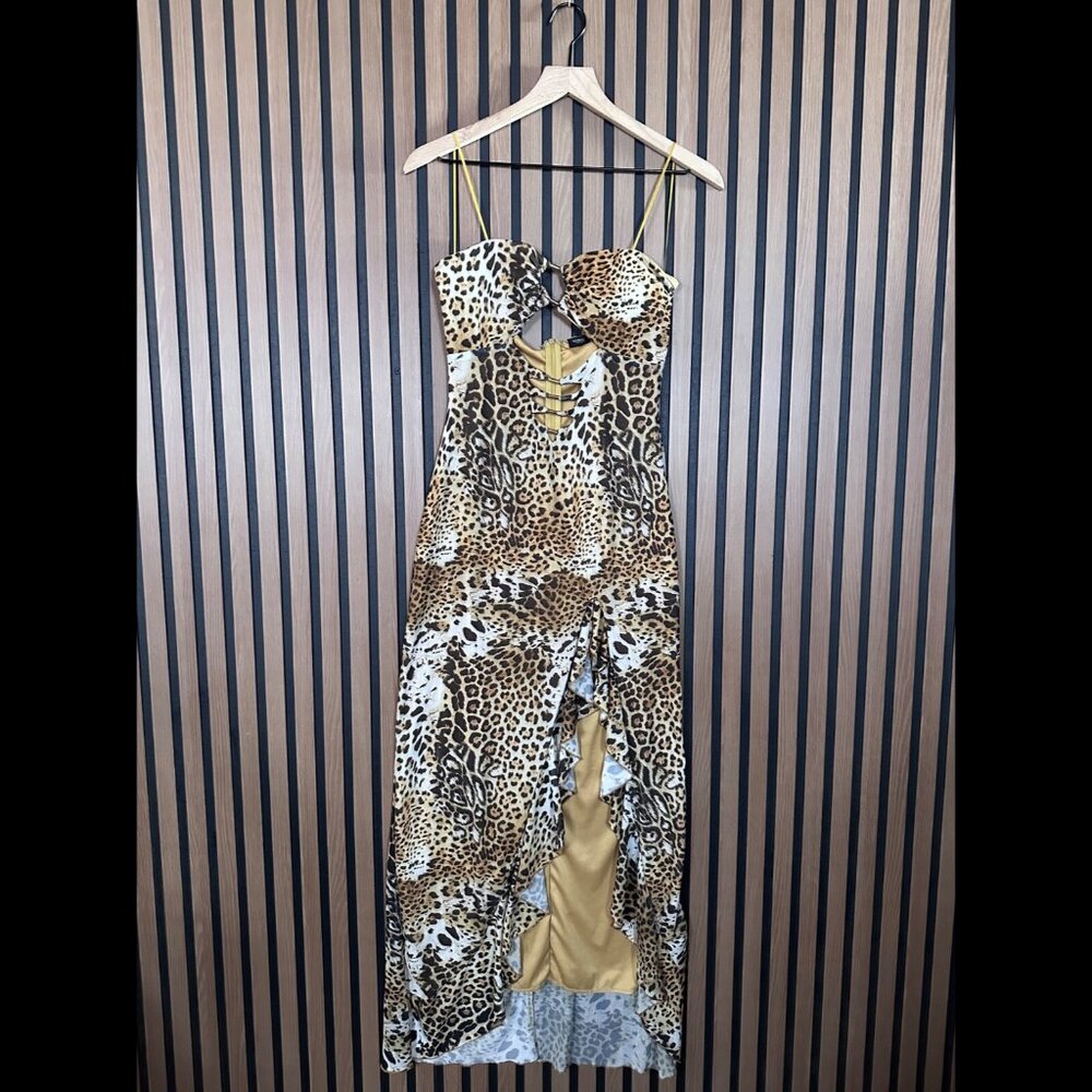 New Blanc Clothing Dress Brown Leopard Art Sheath Slit Ruffled Mermaid Cut Out L